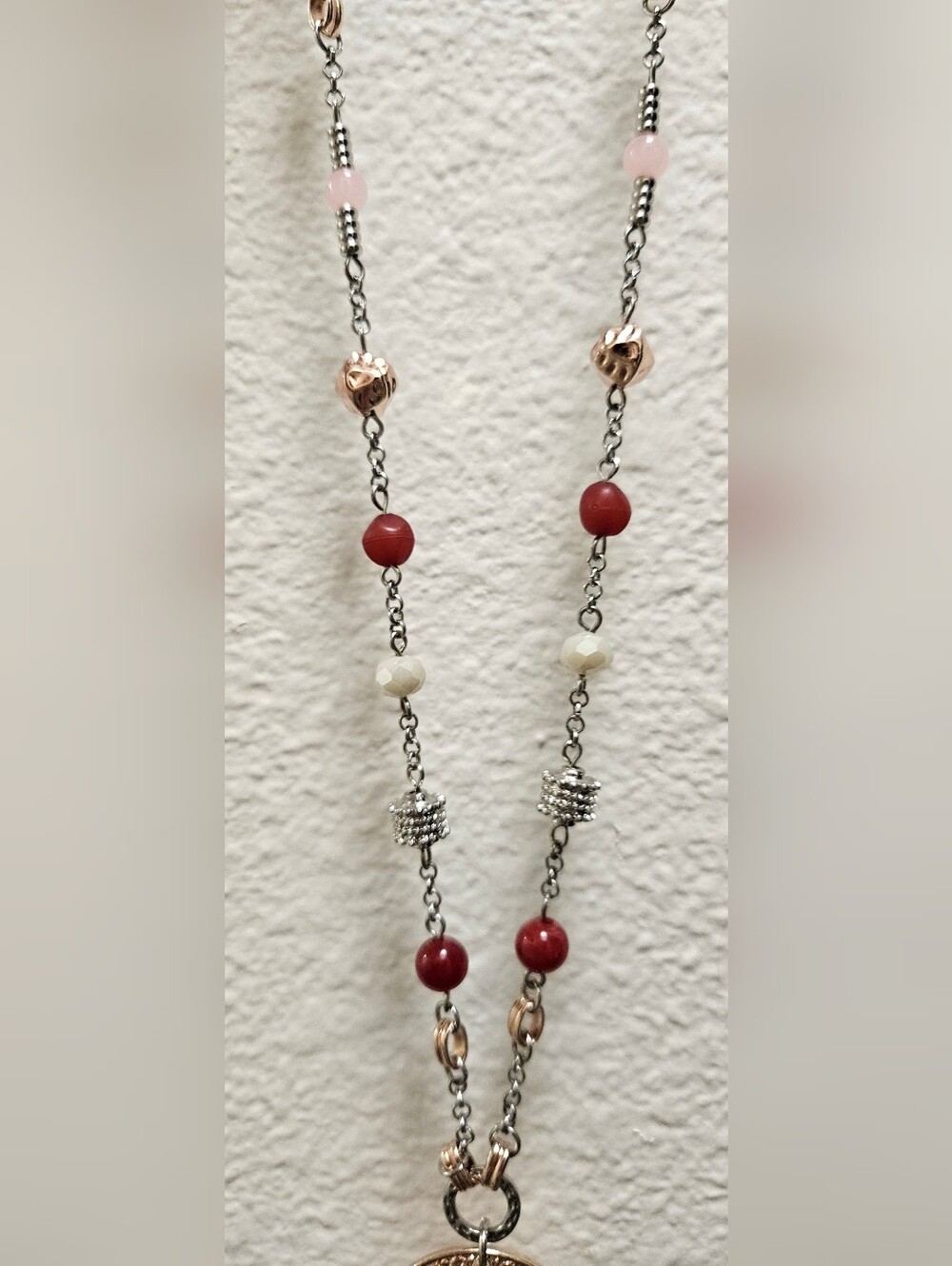 CHICO'S MEDALLION SILVER-TONE ROSE GOLD GLASS BEADS  BOHEMIAN LONG NECKLACE - Picture 14 of 16
